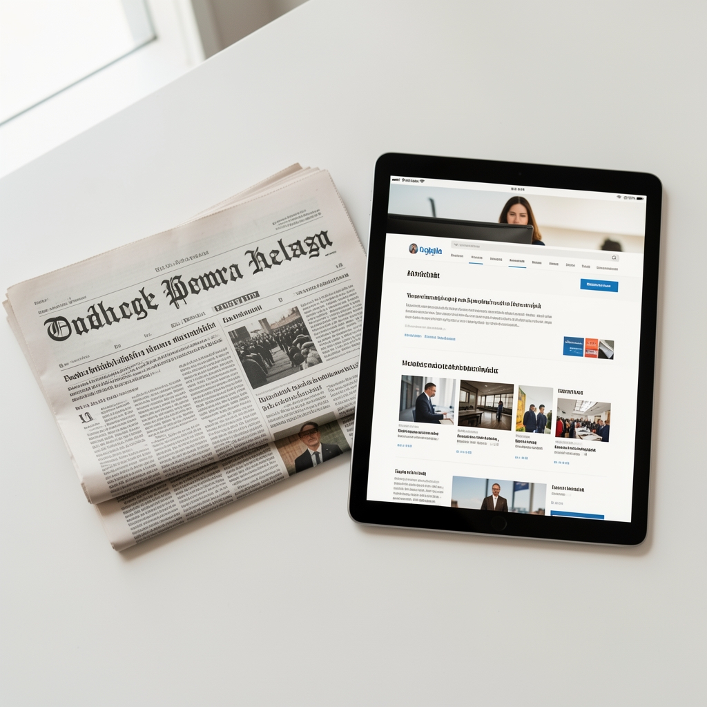 Ruke koje drže tablet sa otvorenim portalom digitalnih vesti, pored leže tradicionalne štampane novine na drvenom stolu