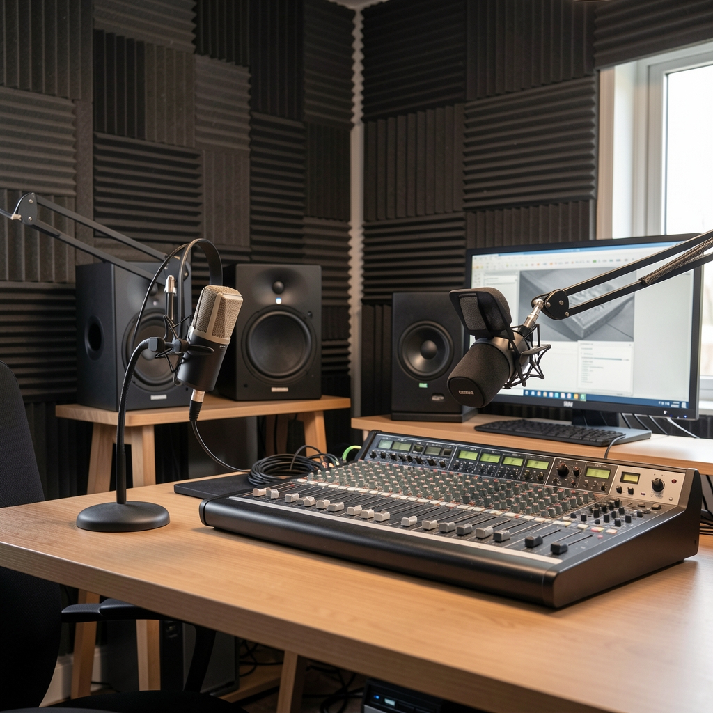 Profesionalni podkast studio sa mikrofonima, zvučnom izolacijom, mešačem zvuka i modernom opremom za snimanje audio sadržaja