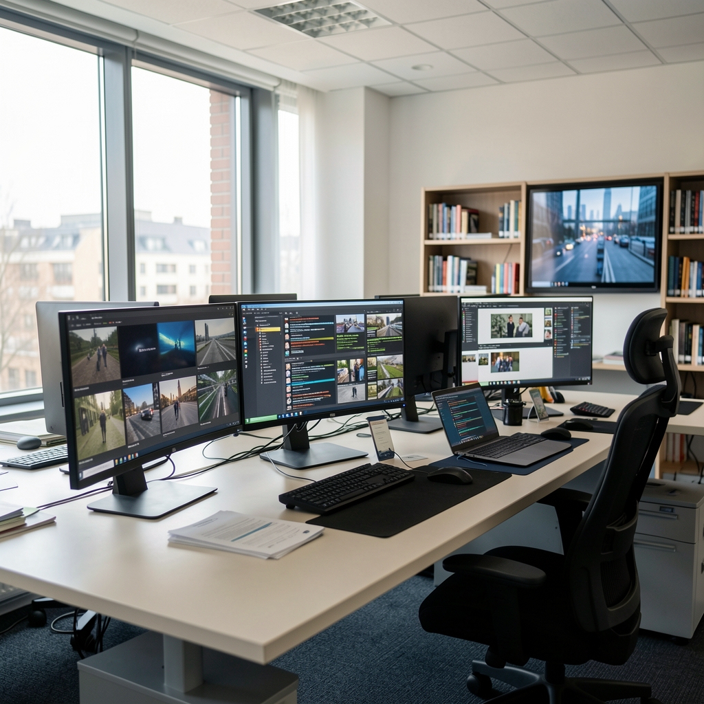 Moderan newsroom sa velikim zidnim ekranima koji prikazuju vesti u realnom vremenu, novinari rade za stolovima sa dvostrukim monitorima