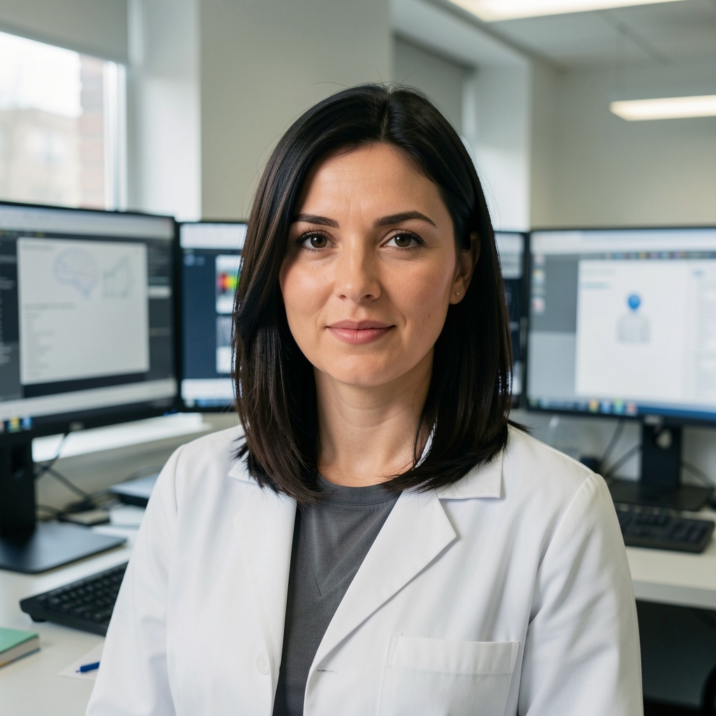 Portret Dr. Anice Petrović, istraživačice veštačke inteligencije u medijima, žena u kasnim tridesetim u laboratorijskom okruženju