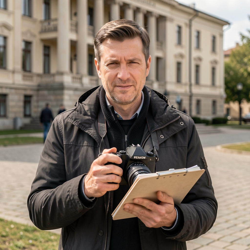 Portret Vladimira Marića, istraživačkog novinara, muškarac u kasnim dvadesetim sa foto aparatom oko vrata, terenski kadar