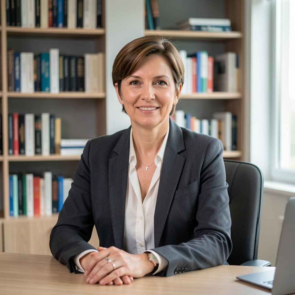 Portret Dr. Milene Kovačević, istraživačice medija, žena u kasnim tridesetim godinama u profesionalnom okruženju