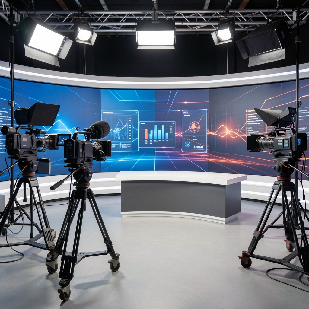 Studio televizijske emisije sa modernom opremom, kamerama i pozadinom koja prikazuje grafičke elemente programa, profesionalno osvetljenje u studiju